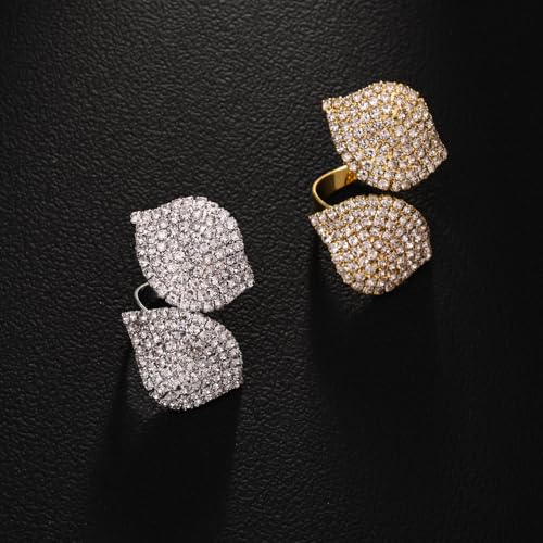 Paved CZ Leaf Statement Open Ring for Women - Sparkle Crystal Leaves Adjustable Wrap Finger Band Bridal Wedding Engagement Promise Eternity Rings Exaggerated Exquisite Cocktail Party Jewelry for Bride - color: Silver