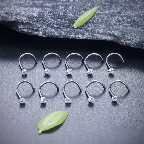ASTM F136 Titanium Nose Rings 18G 20G 22G Clear Cubic Zirconia Nose Studs Ring Screw L-Shaped Bone Hypoallergenic Body Piercing Jewelry for Women 1.5mm 2mm 2.5mm 3mm 10PCS - style: Screw:18G(1.0mm)-2mm CZ