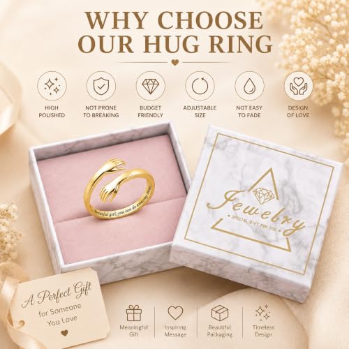 Sterling Silver Hug Ring for Women Teen Girls Adjustable Love Promise Ring Inspirational Open Rings Mothers Day Birthday Gift for Daughter Granddaughter Mom Wife Best Friend - color: 18K Gold / Granddaughter Gift(Beautiful g***s,you can do amazing things)