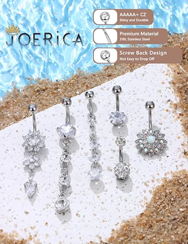 JOERICA 3-6Pcs 14G 316L Stainless Steel Belly Button Rings for Women Flower CZ Dangle Belly Button Rings Navel Piercing Jewelry - style: 6Pcs,Silver-tone