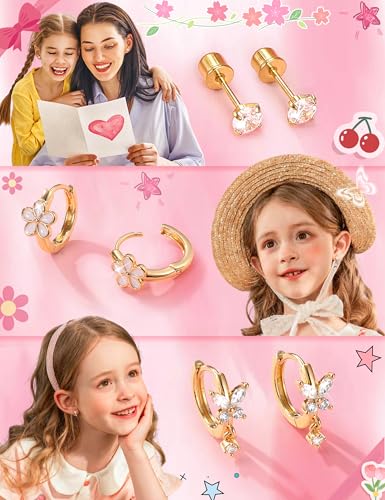 ORAZIO Hypoallergenic Earrings for Girls Women Kids Surgical Stainless Steel Screw Back Bow Heart Flower Stud Hoop Toddler Kids Earrings for Girls Sensitive Ears Over 4 Years Old - color: 9Pairs-gold girls earrings
