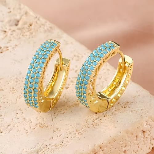 Turquoise Hoop Earrings for Women/Men 18K Real Gold Plated Cubic Zirconia Hoop Earrings Hypoallergenic Cartilage Ear Jewelry - color: Big Hoop