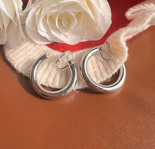 A Season Women Twisted Gold/Silver Round Clip On Hoop Earrings for Non Pierced Ears Hoops Earrings, Small/Medium/Large (Silver Solid Round)
