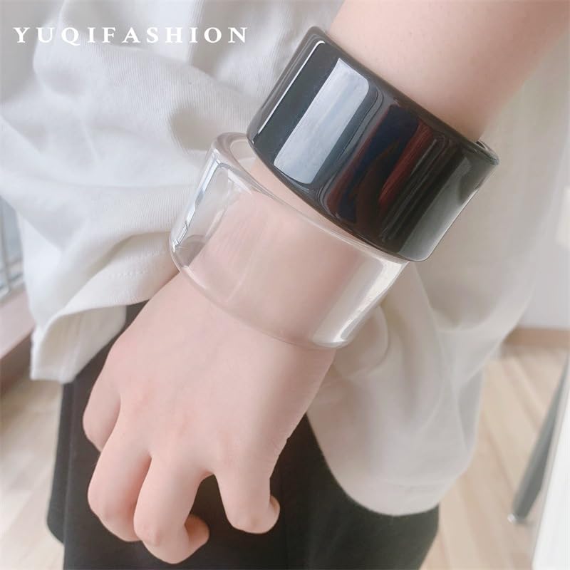 Colorful Acrylic Resin Open Bracelet Geometric Simple Transparent Tortoiseshell Acetate Plate Cuff Bangle Lightweight Chunky Thick Thin Wide Face Plastic Bracelet for Women Jewelry - color: A black