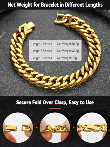 FaithHeart Mens Stainless Steel Cuban Link Bracelet, Tarnish Resistant | 6/8/12/17mm Silver/Black/Gold Sturdy Hip Hop Wrist Chain Bracelets Daily Wear with Gift Box, 7.5"/8.3"/9.1" Length - color: Gold-12mm Width, size: Length 7.5 Inches