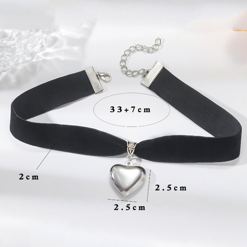 Puffy Heart Necklace for Women Crystal Heart Chunky Necklace Pendant Black Velvet Choker Necklace Christmas Jewelry Gift - color: Silver