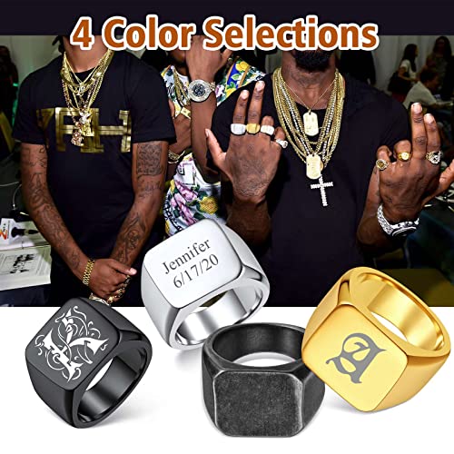 FindChic Customized Signet Photo Rings Square/Heart/Round Chunky Band Ring Stainless Steel/18K Gold Plated/Black Size 7 to 14 Personalized Jewelry for Men Women, Send Gift Box - color: 01. personalized monogram square (stainless steel)