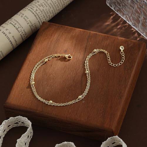 Gold Ankle Bracelets for women,14k Gold/Silver Plated Waterproof Layered lightweight Bow Beaded Twisted Chain Cross Butterfly Satellite Ankle Bracelets Set Gold Anklets for women Trendy Summer Beach Jewelry Gift for Women - style: 2 anklets cable satellit