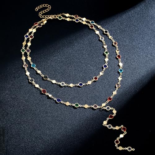 Colorful Crystal Long Necklace for Women Dainty Boho Y-Shaped Color Bead Necklaces Sparkly Rhinestone Pendant Layered Gold Long Chain Choker Good Luck Trend Jewelry Gift Jewelry - color: Double Layer Gold