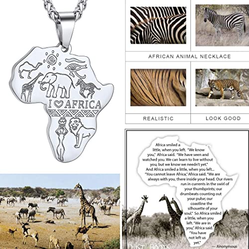 GOLDCHIC JEWELRY Africa Map Necklace for Men, Stainless Steel African Tribal/Egyptian Eye of Horus/I LOVE AFRICA/Elephant Map Hiphop Jewelry Unisex with 22'+2'Adjustable Chain - color: Animals - Stainless Steel, style: No Customization