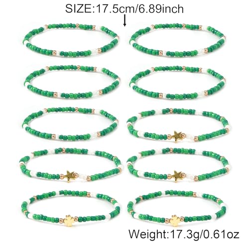 Gold Beaded Bracelets Stack for Women Stocking Stuffers 12PCS Boho Gold Plated Seed Beads Bracelet Stretch Star Stackable Accessories Jewelry Friendship Fall Christmas Gifts for Women - color: 10pcs- Green St.Patrick's Day Bracelet