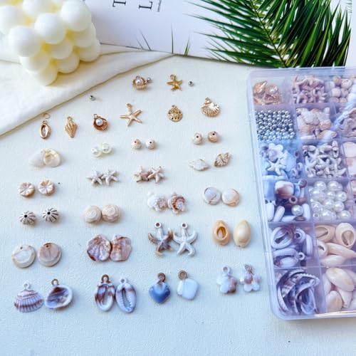 610Pcs Ocean Beads for Bracelets Making Kit, Shell Beads for Jewelry Making, Imitation Boho Shell Turtle Starfish Shape Sea Beach Bead Charms for Summer Sea Dangle Pendant Earring DIY Craft Necklace - color: Beige