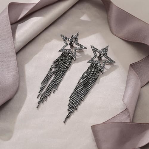 EVER FAITH Crystal Long Waterfall Star Tassel Clip-on Earrings for Women | Rhinestone Beaded Fringe Chandelier Dangle Statement Earring, Wedding Party Jewelry - color: Grey Black-Tone