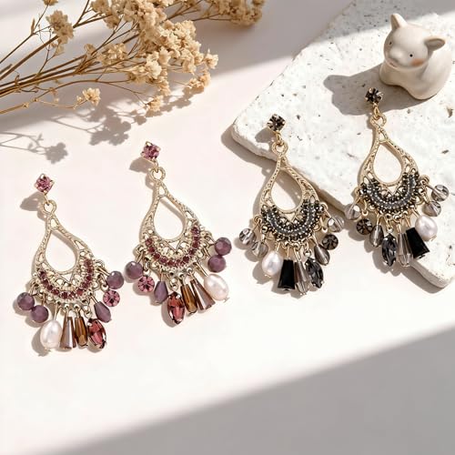 Fringe Dangling Tassel Earrings for Women, Handcrafted Chandelier Long Bohemian Beaded Cubic Zirconia Crystal Imitation Pearls Inlay Statement Boho Chain Hook Earrings for Wedding Party - color: Gold Teardrop Purple Crystal