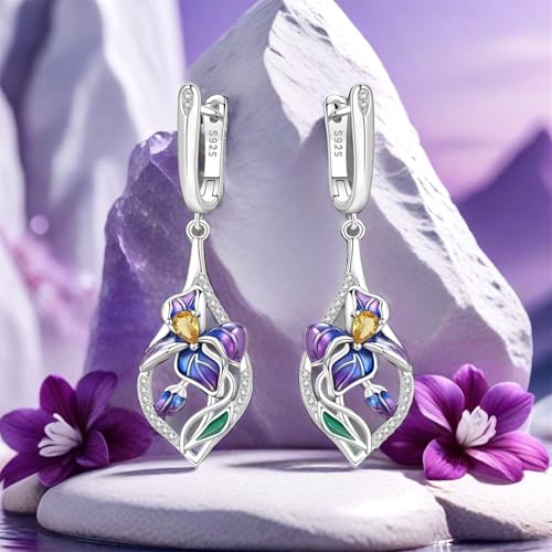 925 Sterling Silver Hoop Earrings Drop Dangle Earrings for Women Hypoallergenic Earring Trendy Huggie Earring Cute Graduation Birthday Gifts Jewelry for Women - color: Blue-purple Iris earrings