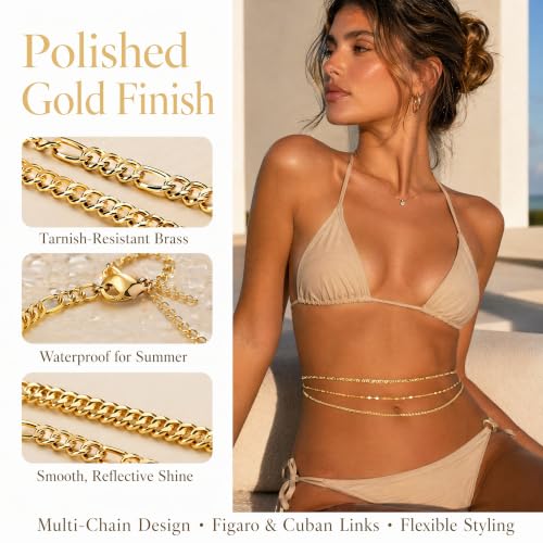 Gold Waist Chain, Layered Belly Chain, Adjustable Waterproof Body Chain, Satellite Beads Bikini Jewelry, Summer Beach Accessories For Women