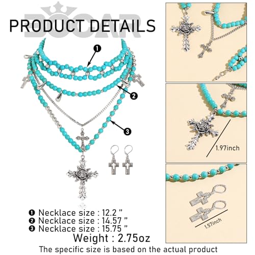 Bocar Gothic Cross Layered Pearl Necklace Chunky Statement Stacked Necklace Y2K Silver Layered Necklace for Women (NK-10769) - color: Tur