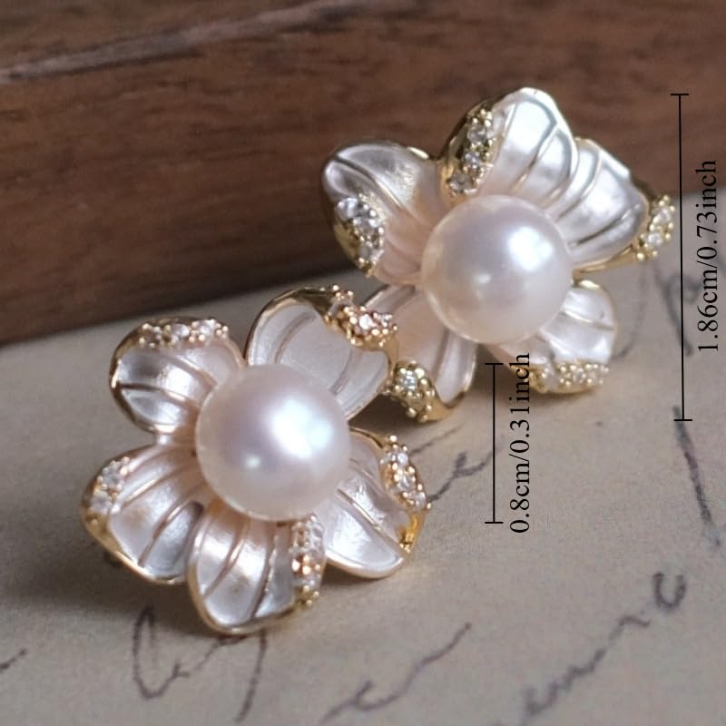 Elegant Imitation Pearl White Enamel Flower Stud Earrings for Wome Daily Party Banquet Earrings Jewelry Gifts - color: gold