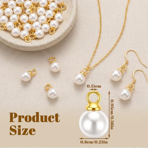 Amabro 100PCS 6mm Faux Pearl Charms for Jewelry Making, Imitation Pearl Pendant Beads with Jump Rings for DIY Bracelets Necklace Earrings Keychain Wedding Crafts