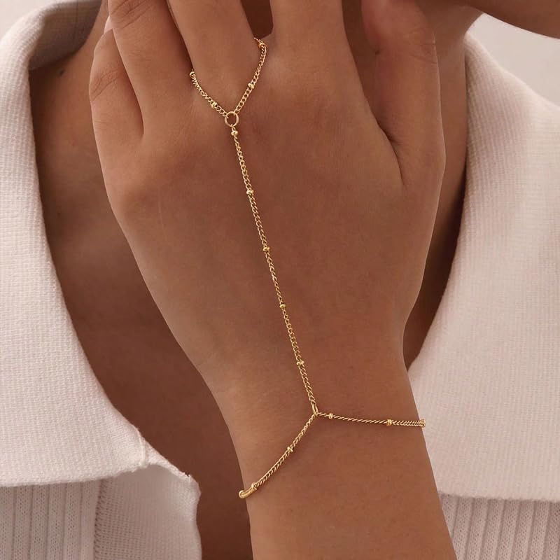 AceFun 1PC Gold Hand Chain Bracelet for Women Rhinestones Crown Pearls Beads Finger Ring Bracelets Trendy Dainty Simple Waterproof Bracelet Fashion Body Jewelry for Ladies - color: Beads