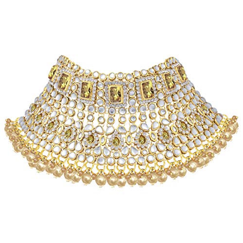 Aheli Traditional Wedding Indian Bharatanatyam jewellery set Long Choker Necklace Earrings Maang Tikka Nath Paasa Hath Phool for Women - color: Champagne