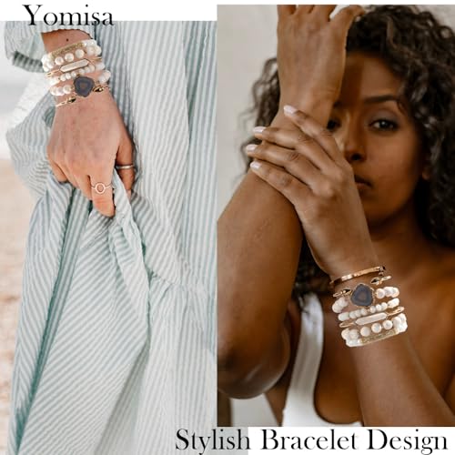 Yomisa 5PCS 6PCS Natural Boho Beaded Bracelets/Bangle for Women Men,Healing Turquoise Jasper Agate Crystal Gemstone Stone Chakra Multilayer Wrap Bohemian Handmade Jewelry Beads Stretch Bracelet Set - color: 1-6PCS-White