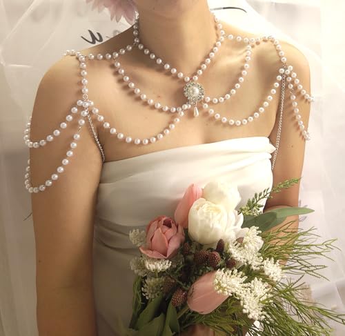 Pearl Shoulder Jewelry Bridal Wedding Shoulder Necklace Chain Festival Rave Party Outfit Accessories for Women Statement Body Chain