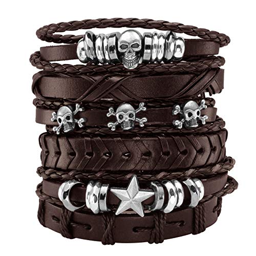 6Pcs Men Braided Leather Bracelet Black Punk Rock Skull Bracelet - color: A: Brown