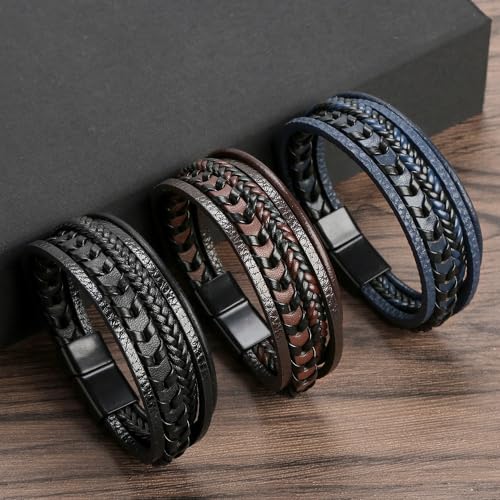 Mens Leather Bracelet Multi-Layer Braided Bracelet Wristband Father's Day Birthday Jewelry Gifts 8.5" Classic Bracelet with Stainless Steel Buckle - color: black
