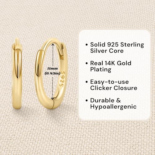 14K Gold Plated 925 Sterling Silver Tiny Hoop Earrings, Thin Small Huggie Hoops, Hypoallergenic Lightweight Cartilage Earrings for Women Men, Multiple Piercings (6mm, 8mm, 10mm, 11mm) - style: Gold-11mm-1Pair