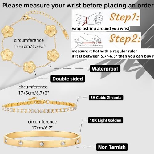Gold Bracelet Stack,18K Gold Plated Clover Bracelet Love Gold Bangles Tennis Bracelet,3Pcs Gold Bracelets for Women Trendy Non Tarnish Gold jewelry for Women Gift - color: GOLD