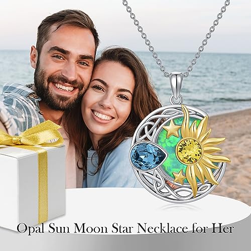 AOBOCO 925 Sterling Silver Moon Sun Star Necklace Celtic Jewelry for Women Girls - color: Silver&Gold&Light Green