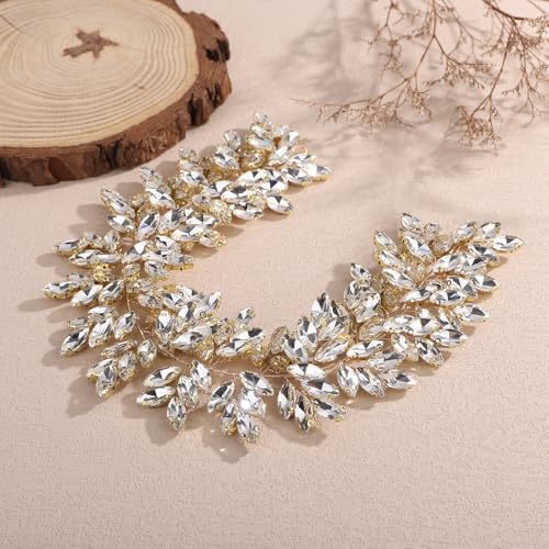 Missgrace Women Silver Green Black Red Blue Handmade Full Crystal Rhinestone Large Headband Hair Vine Shinny Headpiece Bridal Wedding Hair Accessories for Women (Gold plated) - color: Gold plated