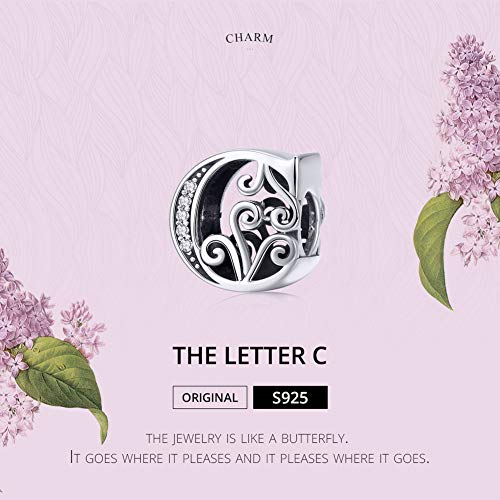 BISAER 925 Sterling Silver Initial Letter A-Z Charms for Bracelets Alphabet Beads Charm Jewelry Gifts - color: Letter C
