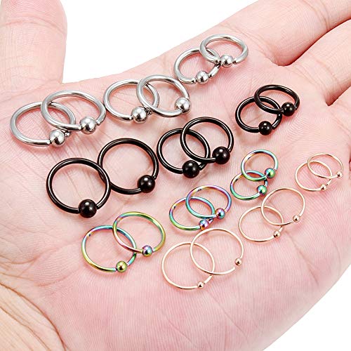 20G 16G 14G 12G Surgical Steel Captive Bead Nose Hoop Septum Earring Eyebrow Tongue Lip Nipple Helix Tragus Piercing Rings 8mm,10mm,12mm,14mm - color: 12PRS - Mix Color