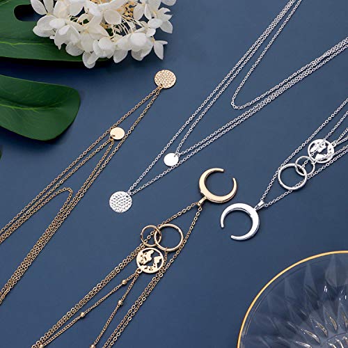 6 Pieces Layered Necklaces For Women Long Necklaces Gold Choker Necklaces Map Coin Bar Crescent Moon Necklace Layered Y Pendant Necklace Multilayer - color: gold