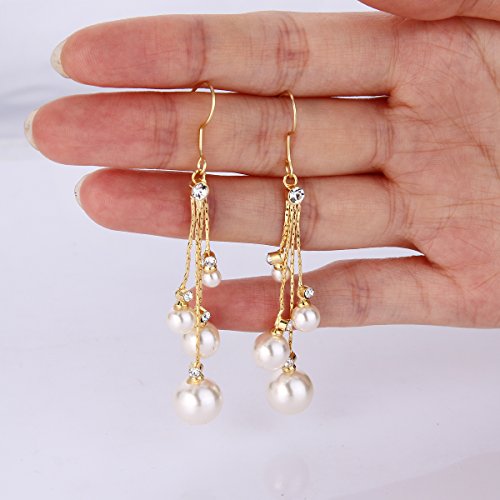 EleQueen Women's Silver-tone Crystal Simulated Pearl 4 Chain Bridal Long Dangle Hook Earrings Ivory Color - color: A-Gold-tone
