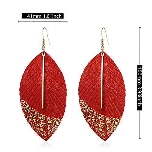 Bohemian Handmade Lightweight Color Large Genuine Soft Leather Fringe Feather Leaf Tear Dangle Drop Earrings for Women Statement - color: 2-Light red