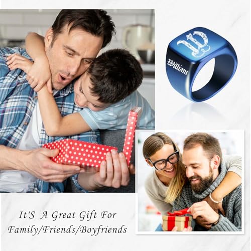 Custom Signet Ring for Men Personalized Initial Ring Custom Mens Rings Engraved Ring Customized Memorial Graduation Gifts for Father Husband Boyfriend Friends - color: Square Blue