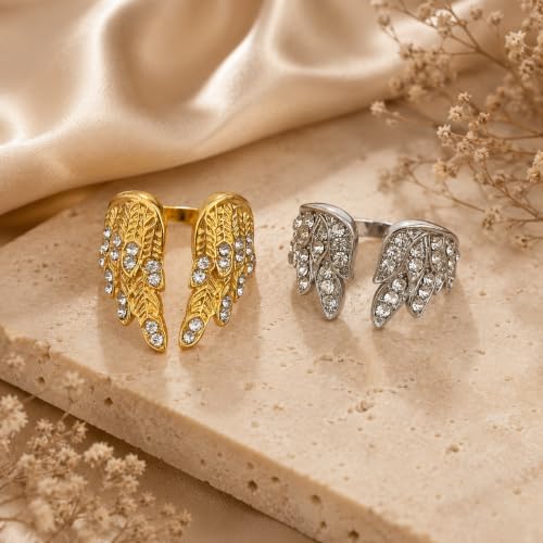 Angel Wing Adjustable Ring Set, Gold Silver Stackable Open Rings with Rhinestone Feather Design, Statement Jewelry for Women Party Daily Wear