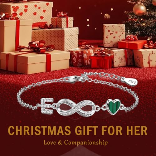 925 Sterling Silver Adjustable Letter Bracelets Infinity Heart Emerald Charm Link Bracelet ,Personalized Charm Alphabet Jewelry Valentines Christmas Mother’s Day Birthday Gifts - color: E