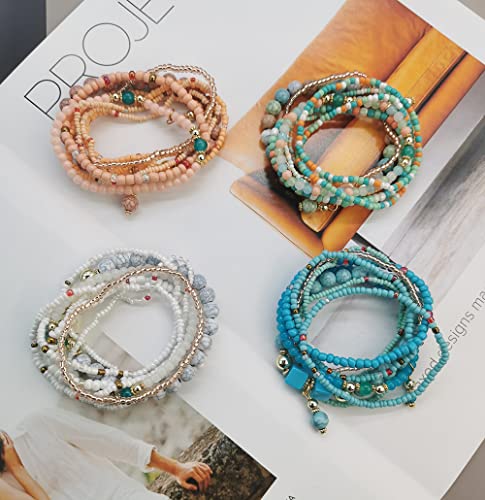 8 Sets Bohemian Stackable Bead Bracelets for Women Bohemian Bracelets Stretch Multi Layered beads Bracelet Set Boho Multicolor Jewelry