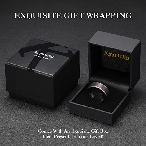 King Will Mens Brushed Wedding Band, Two Tone Matte Step Edges/Pipe Cut, Tungsten Carbide Anniversary Promise Rings Comfort Fit - color: Black&Rainbow Edge-8mm