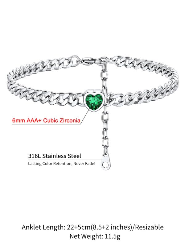 ChainsHouse Cuban Chain Anklets for Women with Heart Birthstone Jan - Dec | Stainless Steel Black Link Chain Ankle Bracelet with Birthstone, Beach Women Anklet 22cm-27cm Adjustable, with Gift Box - color: 05. May-Emerald-Steel