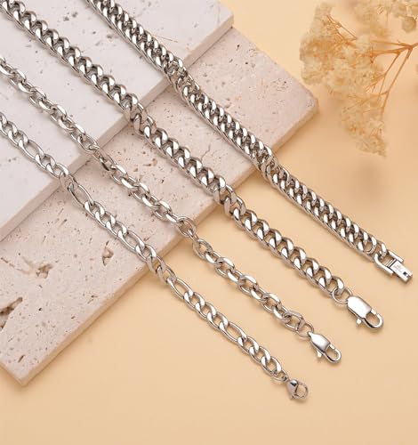 8Pcs Chain Bracelet Stainless Steel Curb Width Rope Figaro Cuban Link Paperclip Twist Chain Bracelets Set for Men Women 7.5/8.3/9.0 Inches