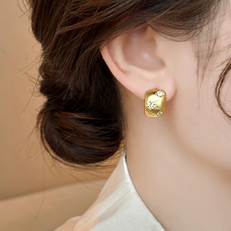 14K Gold Plated Women's Geometric Stud Earrings with Micro-Pave Zirconia, Semi-Curved Brushed Matte Finish,Elegant Light Luxury Jewelry Gift