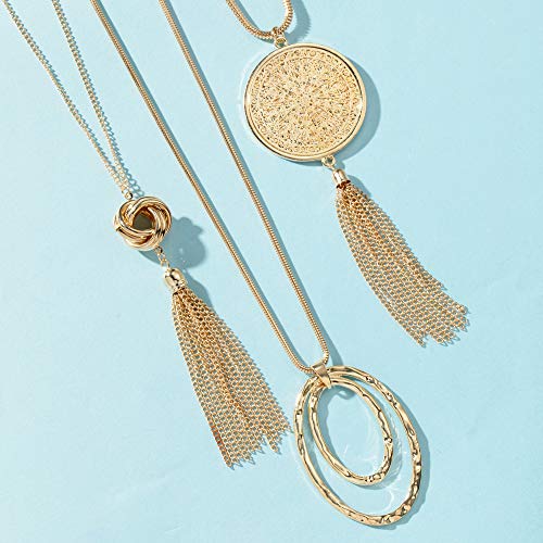 SEVENSTONE 3PCS Long Pendant Necklaces for Women Knot Disk Circle Tassel Statement Sweater Necklace Set - color: Gold