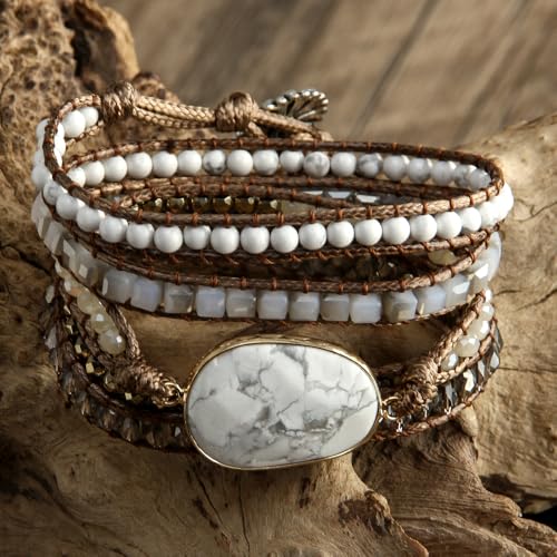 Handmade Boho Wrap Bracelets Natural Turquoise Crystal Stone Variety Beaded Strand Bracelet - color: White Turquoise