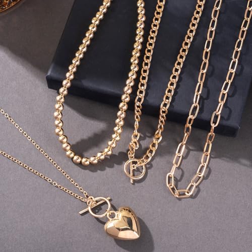 Chunky Gold Necklace Stack Layered Gold Necklaces for Women Non Tarnish Silver Statement Necklace Paperclip Chain Necklace Set Layering Big Heart Coin Cross Necklace Chunky Jewelry - style: 1 - gold with heart