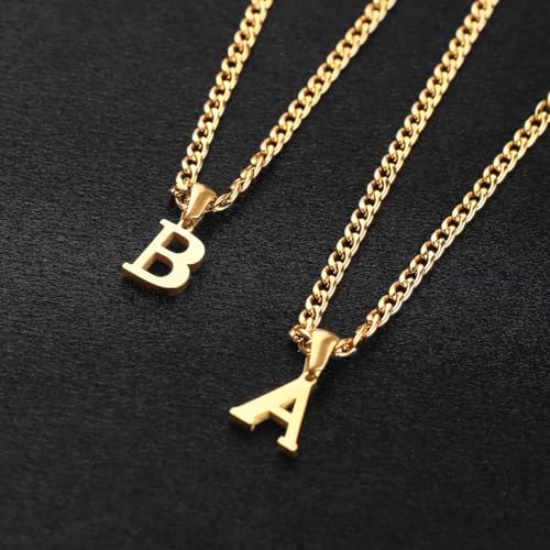 Gold Plated Initial Necklace for Men Letter Pendant Cuban Link Chain | Stainless Steel 4mm 20 Inch Chain Non Tarnish 14K A-Z Capital Name Charm Custom Jewelry Gift - color: R